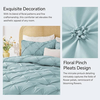 BEDELITE Dusty Blue King Size Comforter Set - 3 Pieces Boho Pintuck Bedding Comforter Sets, Lightweight Soft & Warm King Bedding Set with 2 Pillowcases for All Season