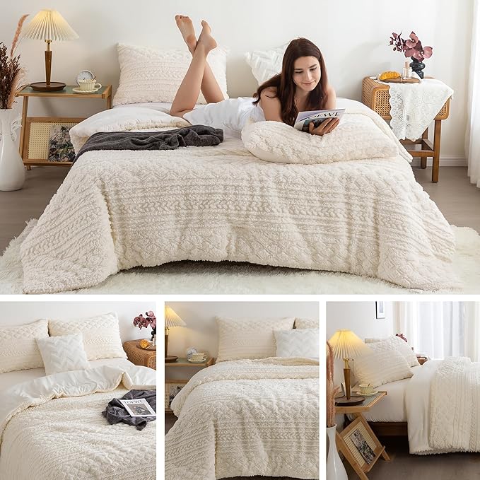 COTTEBED Sherpa Fluffy Comforter Sets KING Size Bed, Boho Tufted Cal KING Bedding Down Comforter, Lightweight Super Soft Reversible Washed Cotton Shabby Plush Fleece Sherpa All Season, Off White Ivory