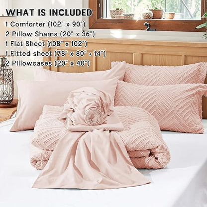 Zzlpp King Comforter Set 7 Pieces, Pink Tufted Bed in a Bag with Comforter and Sheets, All Season Boho Bedding Sets with 1 Comforter, 2 Pillow Shams, 2 Pillowcases, 1 Flat Sheet, 1 Fitted Sheet