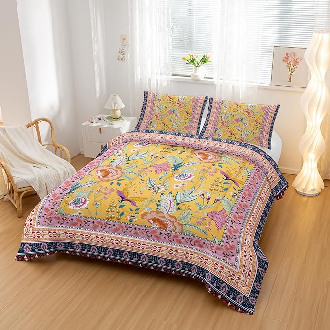 Retro Plants Comforter Sets Queen Size,Flower Pattern Bedding Set for Your Room,Rectangle Abstract Soft Lightweight Quilted Set All Season 1 Comforter and 2 Pillowcases