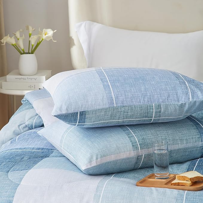 mixinni Blue Gingham Comforter Set Queen, Plaid Comforter Set 3 Pieces 1 Blue Grid Comfoter with 2 Pillow Cases for All Seasons, Soft Fluffy Modern Grid Pattern Printed Bedding-Queen Size