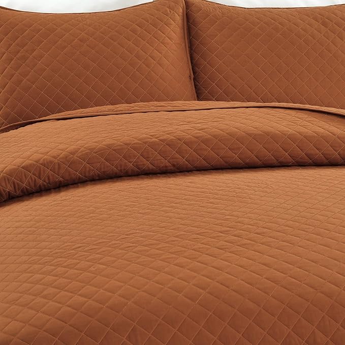Lush Decor Ava Quilt Diamond Pattern Solid 3 Piece Oversized Bedding Blanket Bedspread Set - Full/Queen - Rust