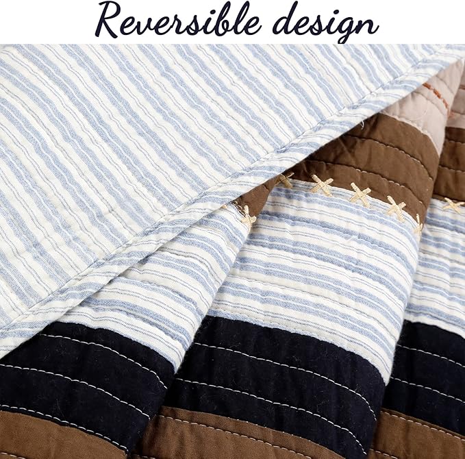 Cozy Line Home Fashions Sailor Navy Blue Star Striped Print Cotton Reversible Bedding Quilt Set (Nathan Stripe, Queen)