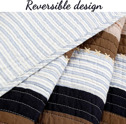 Cozy Line Home Fashions Sailor Navy Blue Star Striped Print Cotton Reversible Bedding Quilt Set (Nathan Stripe, Queen)