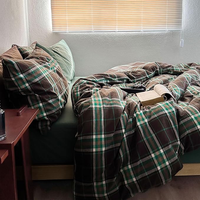 Brown & Green Buffalo Plaid Duvet Cover Set Twin 3 Piece Vintage Checkered Grid Bedding Set 100% Washed Cotton Plaid Comforter Cover Farmhouse Grid Pattern Breathable Duvet Cover with 2 Pillowcases