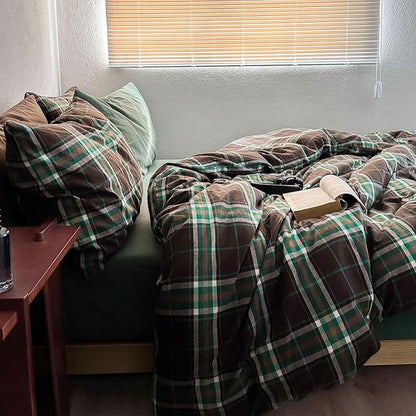 Brown & Green Buffalo Plaid Duvet Cover Set Twin 3 Piece Vintage Checkered Grid Bedding Set 100% Washed Cotton Plaid Comforter Cover Farmhouse Grid Pattern Breathable Duvet Cover with 2 Pillowcases