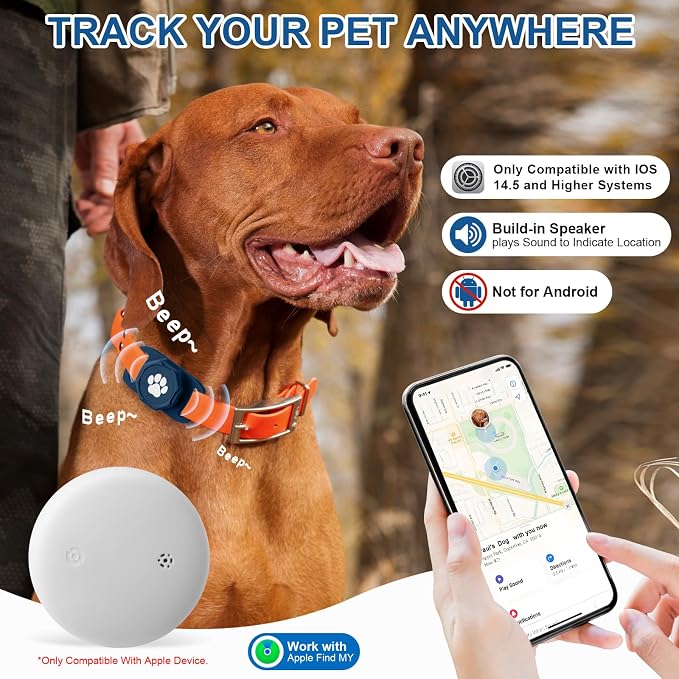 Smart Pet Tracker for Collar - Dog Tracker Pet Location Tracker with Holder | Real-Time Location, No Monthly Fee/ SIM Card, Work with IOS Only (Not for Android), Ultra-Slim, IP68 Waterproof Holder, Blue