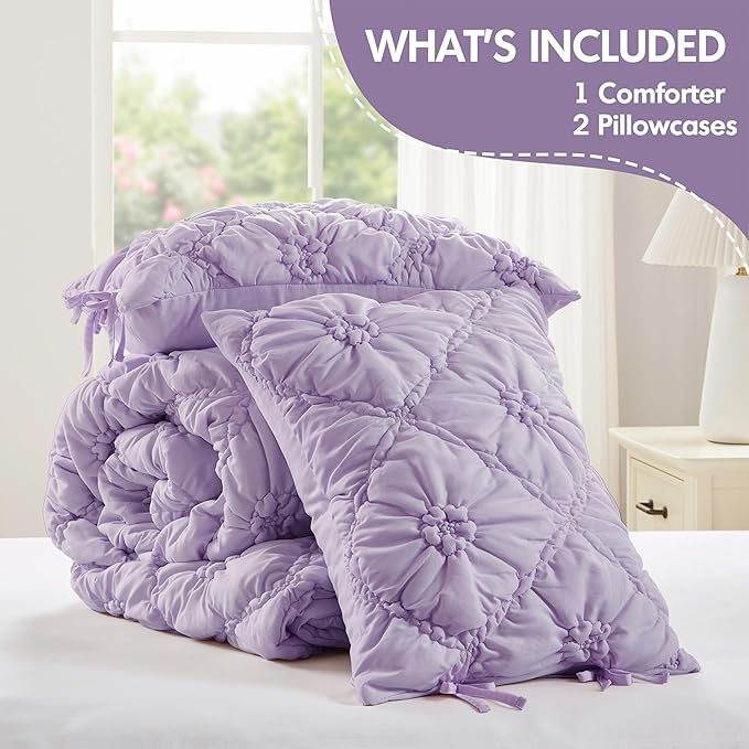 Intelligent Design Queen Comforter Set – Purple Lily Puffy Floral Shabby Chic Boho Bedding Comforter Set, Pinch Pleat Bedding Sets, Ultra-Soft, Lightweight & All-Season, Full/Queen