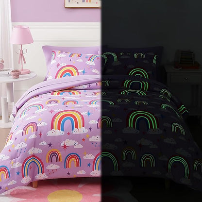 Full Kids Comforter Set - 7 Pieces Full Bedding Sets for Girls Teen, Glow in The Dark Purple Rainbow Bed in A Bag with Sheets
