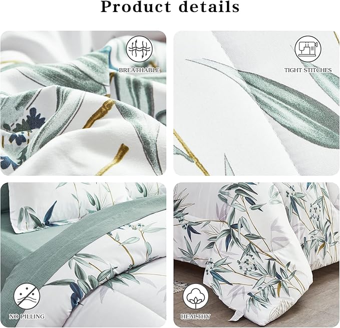 7 Pieces Bed in a Bag Queen Comforter Set with Sheets, Green Leaves on White Botanical Design Bedding Sets for All Season (1 Comforter, 2 Pillow Shams, 1 Flat Sheet, 1 Fitted Sheet, 2 Pillowcases)