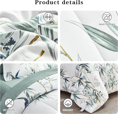 7 Pieces Bed in a Bag Queen Comforter Set with Sheets, Green Leaves on White Botanical Design Bedding Sets for All Season (1 Comforter, 2 Pillow Shams, 1 Flat Sheet, 1 Fitted Sheet, 2 Pillowcases)