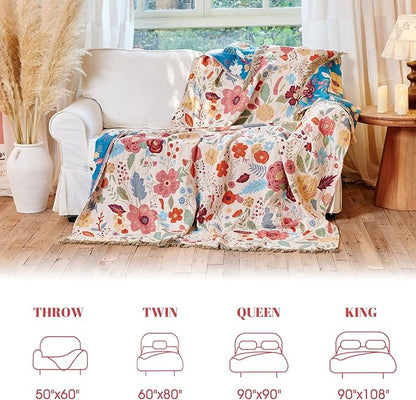 MSGKV Boho Throw Blanket for Couch 100% Cotton Floral Blanket 50"x60" Sofa Bed Chair Blanket All Seasons Lightweight Farmhouse Muslin Spring Breathable Blankets Home Decor
