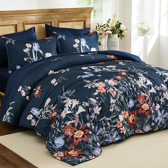 WONGS BEDDING Queen Comforter Set 7 Piece, Navy Blue Floral Bed in a Bag Bedding Set with Botanical Flowers Patterns, Soft Lightweight Complete Comforters with Sheets for All Season