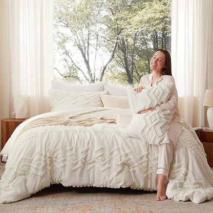 Luxudecor Boho Tufted Comforter Set King Size 3 Pieces White Shabby Chic Comforter Farmhouse Embroidery Bed Set Soft Comforter for All Seasons (White, 104''x90'')