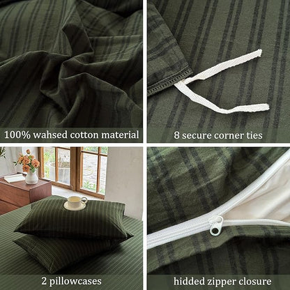 Striped Duvet Cover Set 100% Washed Cotton Linen Like Soft Feelling Breathable Bedding(Olive Green/Black Strip,Queen)