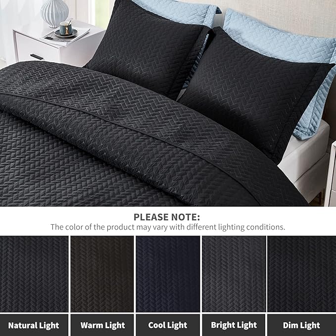 Maple&Stone Quilt Set Queen Size, Lightweight Black Bedspread Ultrasonic Chevron Pattern Light Coverlet for All Season Comforter Bedding Decor - 3 Piece Full Bed Cover Sets