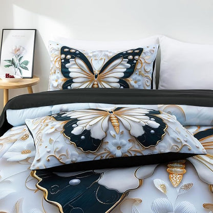 A Nice Night Full 6pcs Bed in A Bag Black and Glod Dreamy 3D Butterfly Pearl Flower Design, Butterflies Printed Bedding Full Comforter Set, for Girls Kids Teens