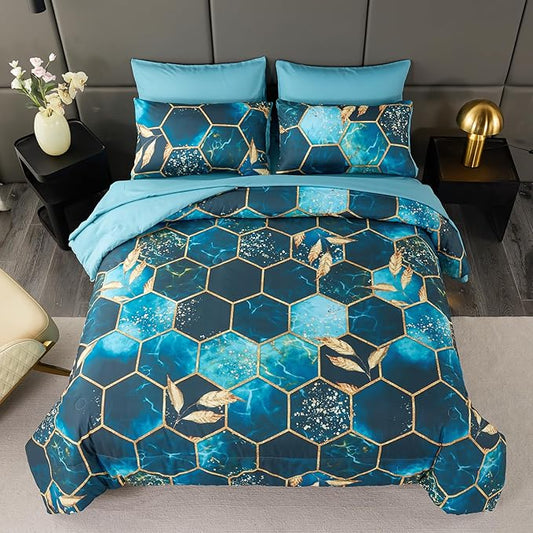 ANGIYUIN Teal Gold Bedding Set King Geometric Honeycomb Bedding Comforter Sets, 7Pcs Hexagon Watercolor Bed in A Bag, Marble Foil Print Bed Sets with Sheets Pillowcases (Teal King)