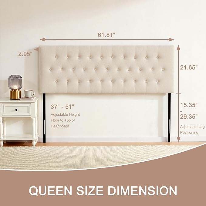 Tufted Upholstered Headboard Queen Size, Adjustable Height 37- 51 in, Beige | Sturdy and Durable Solid Wood Bed Headboard, Fabric Queen Headboard Only, Modern Button Diamond Design Head Board