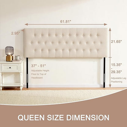 Tufted Upholstered Headboard Queen Size, Adjustable Height 37- 51 in, Beige | Sturdy and Durable Solid Wood Bed Headboard, Fabric Queen Headboard Only, Modern Button Diamond Design Head Board