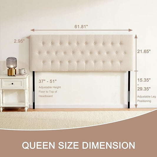 Tufted Upholstered Headboard Queen Size, Adjustable Height 37- 51 in, Beige | Sturdy and Durable Solid Wood Bed Headboard, Fabric Queen Headboard Only, Modern Button Diamond Design Head Board