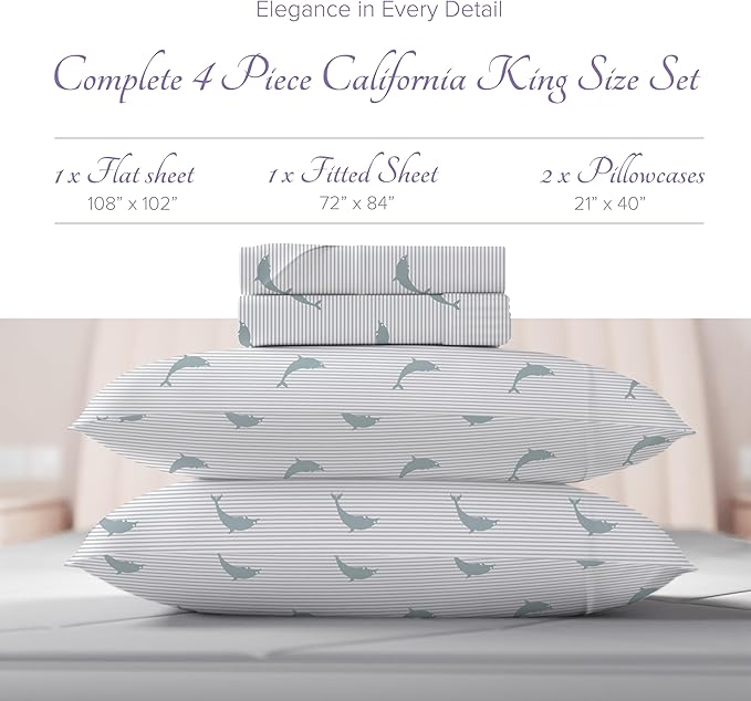 Carressa Linen Luxury Egyptian Cotton California King Printed Sheet - 600 Thread Count Extra Long Staple 4 PC Set, Dolphin Dance Cal King Printed Sheets, Soft, Cooling Sheets Upto 18 in Deep Pocket