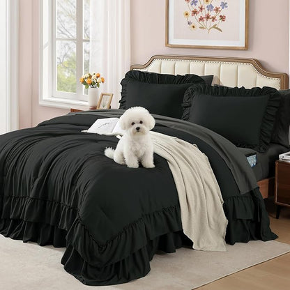 Queen Comforter Set Black, Ruffle Shabby Chic Bedding Set Farmhouse 7 Pieces, All Season Fluffy Bed in a Bag with Sheets, Pillowcases & Shams