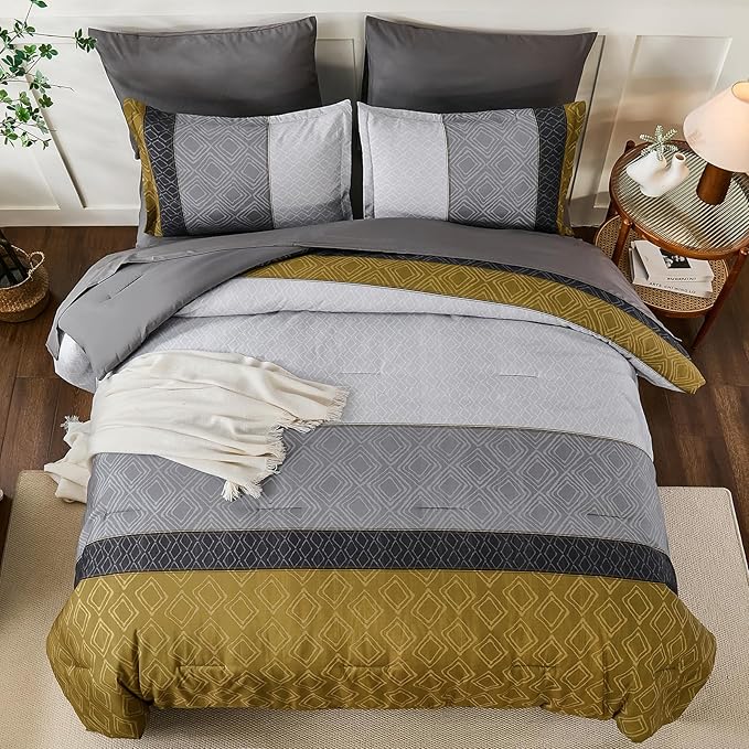 Dinjoy Boho Queen Comforter Set Gray Yellow,7 Piece Bed in a Bag Queen Size Warm Striped Mustard Grey Bedding Sets Plaid Fall Comforters Set with Sheets for Family All Season