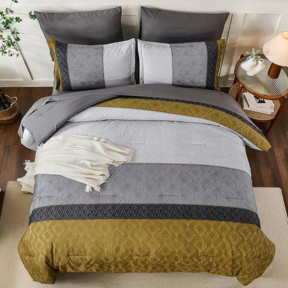 Dinjoy Gray Yellow King Size Comforter Set,Striped Boho Bed in a Bag King 7 Pieces Soft Fall Bedding Comforters Sets wiht Sheets Microfiber Complete Bed Sets for All Season