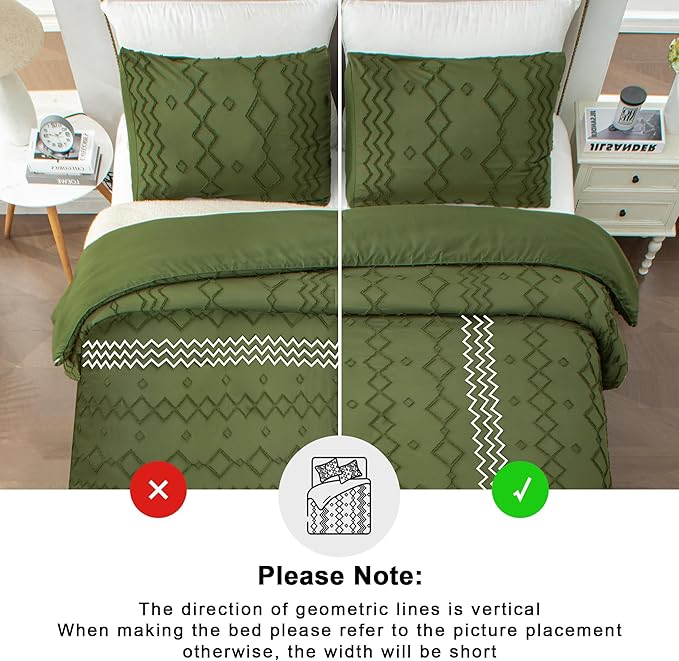 Andency Olive Green Tufted Comforter Set California King(104x96Inch), 3 Pieces(1 Boho Comforter, 2 Pillowcases) Textured Farmhouse Comforter, Soft Microfiber Down Alternative Geometric Comforter Set