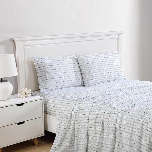 Nautica - Sheets, Cotton Percale Bedding Set with Matching Pillowcases, Crisp & Cool, Deep Pocket (Anchor Lines Blue, Full)