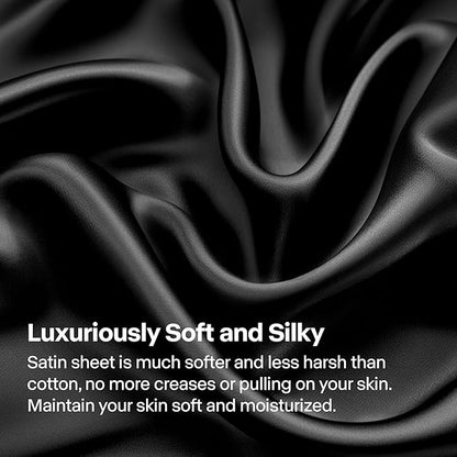 BEDELITE Satin Sheets Twin XL Size Bed Set, Luxury Soft Black Silky Sheets for Hair and Skin, Similar to Silk Bed Sheets Set 3 Pieces with 1 Deep Pocket Fitted Sheet, 1 Flat Sheet, and 1 Pillowcase