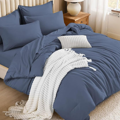 Litanika Full Size Comforter Sets Bluish Grey - 7 Pieces Bed in a Bag Full Bedding Comforter Sets, Solid Lightweight Bed Set with Comforter, Sheets, Pillowcases & Shams