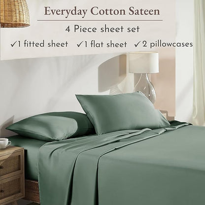 California Design Den Queen Sheet Set - Natural 100% Cotton Bed Sheets Queen Size Bed Set with Deep Pockets, Soft Sateen Weave, Breathable and Durable Bedding (Sage Green - Dark)