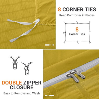 HYMOKEGE Mustard Yellow Duvet Cover Full Size, Ultra Soft 3-Piece Seersucker Duvet Cover Set with Zipper Closure, Soft Brushed Microfiber Bedding Set with 8 Corner Ties (80"x90", 2 Pillowshams)