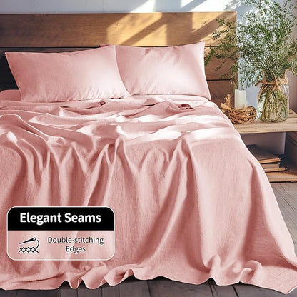 LBRO2M 100% Pure Linen Sheet Set Deep Pocket Up to 16" Bed Sheets Sets, Natural Flax Beddings Soft, Breathable, Comfortable for All Seasons 4 Pcs Sheet Set King Size, Blush Pink