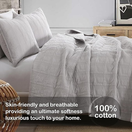 HORIMOTE HOME 100% Cotton Quilt Set Queen Size, Light Grey Pre-Washed Bedspread Coverlet Set, Cozy Lightweight Stitching Decorative Bedding Cover with 2 Shams in Geometric Pattern for All Season