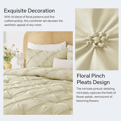 BEDELITE Beige Queen Comforter Set - 3 Pieces Boho Pintuck Bedding Comforter Sets, Lightweight Soft & Warm Bed Comforter Queen with 2 Pillowcases for All Season