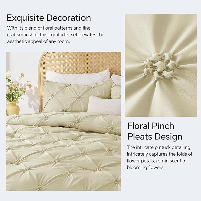 BEDELITE Beige Twin Comforter Set - 2 Peices Boho Pintuck Bedding Comforter Sets, Lightweight Soft & Warm Twin Bedding Sets with 1 Pillowcase for All Season