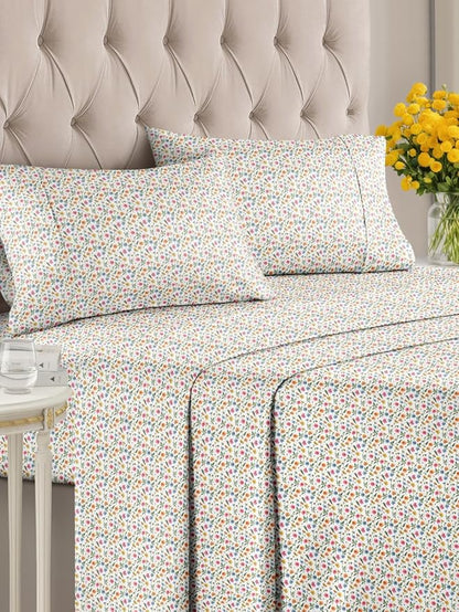 Floral Sheets - Flower Print Bed Sheet Set - 1 Flat, 1 Fitted & 2 Pillowcases w/ Deep Pockets - Comfy, Cozy, Wrinkle & Fade Free - Boho Botanical Bedding - Soft, Breathable & Cooling - King Size Set
