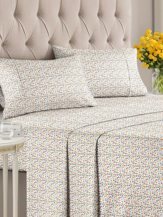 Floral Sheets - Flower Print Bed Sheet Set - 1 Flat, 1 Fitted & 2 Pillowcases w/ Deep Pockets - Comfy, Cozy, Wrinkle & Fade Free - Boho Botanical Bedding - Soft, Breathable & Cooling - King Size Set