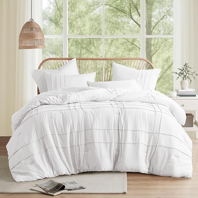 Comfort Spaces White Queen Size Comforter Set - 3 Piece Pintuck Pleated Bedding Set, All Season Lightweight, Extra Softness Pre-Washed Microfiber Queen Bed Set, Shams