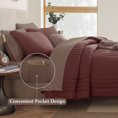 Monbix King Size Comforter Set - 7 Pieces Bed in a Bag King, Dark Red Bedding Sets with Comforter, All Seasons Comforter Bed Set with Sheets, Pillowcases & Shams