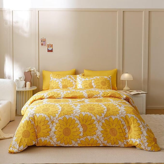 Houseri Yellow Floral Comforter Set Queen 3 Piece Yellow Sunflower Bedding Queen Size Lightweight Aesthetic White and Yellow Botanical Bed Set Soft Comfy Quilt Blanket Queen
