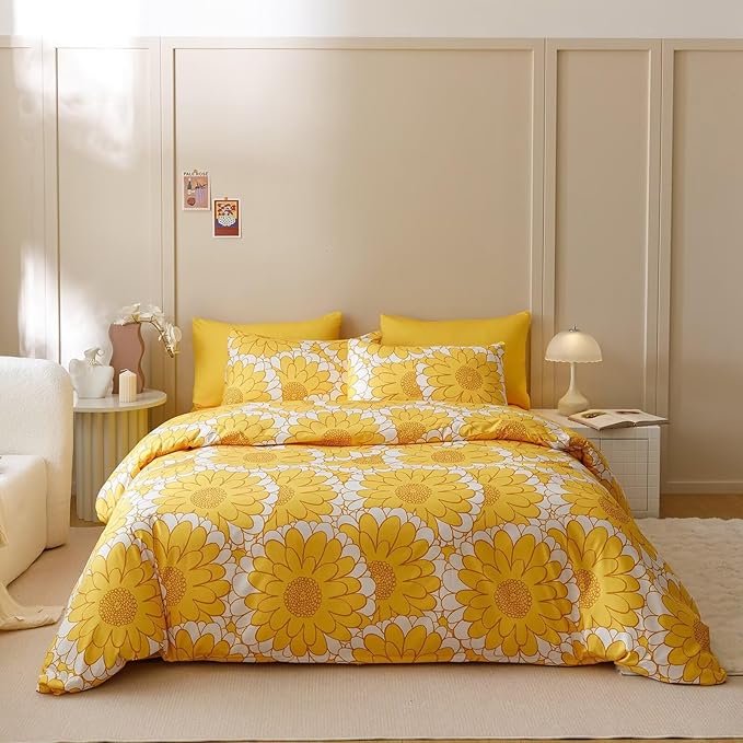 Houseri Yellow Sunflower Comforter Set Twin 3 Piece Yellow Floral Bedding Twin Size Lightweight White and Yellow Botanical Bed Set Soft Comfy Quilt Blanket Twin