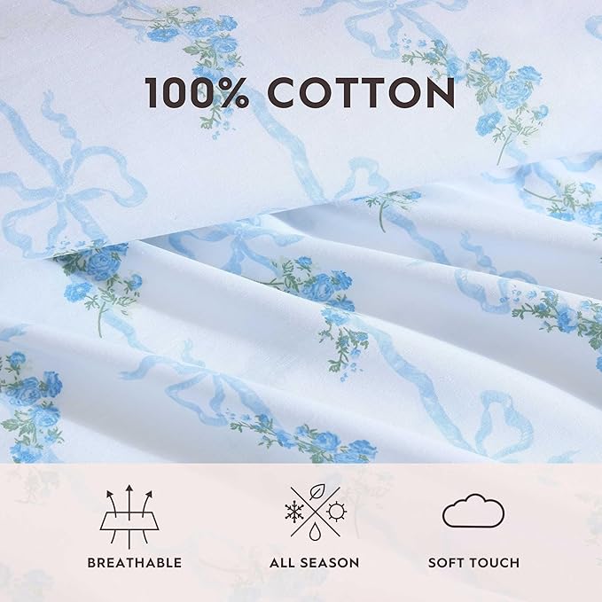 Laura Ashley - Queen Sheet Set, Crisp & Cool Cotton Percale Bedding with Deep Pockets, Lightweight for Year Round Comfort, Bed Sheets with Matching Pillowcases (Floral Ribbon Blue)