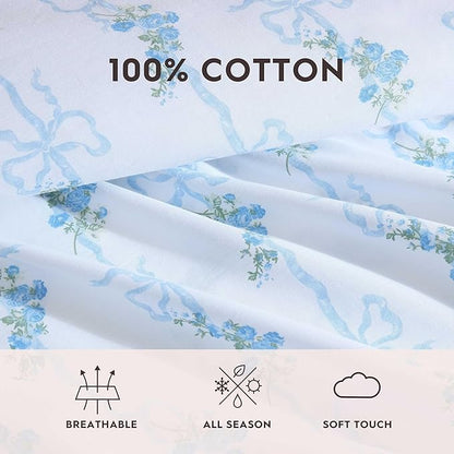 Laura Ashley - Queen Sheet Set, Crisp & Cool Cotton Percale Bedding with Deep Pockets, Lightweight for Year Round Comfort, Bed Sheets with Matching Pillowcases (Floral Ribbon Blue)