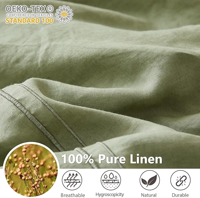 Simple&Opulence 100% Washed Linen Duvet Cover Set 78"x86" - 3 Pieces Soft Farmhouse Comforter Set Double Embroidered with Button Closure - 1 Duvet Cover and 2 Pillowshams (Sage Green, Full)
