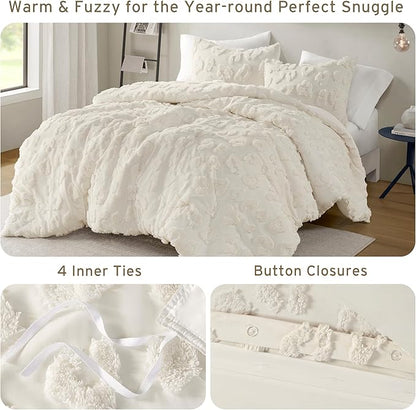 Intelligent Design Queen Duvet Cover Set Chenille Tufted Animal Print Pattern Duvet Cover Queen Size, All Season Fuzzy Bedding Cover, Soft Microfiber Reverse, Larissa, Full/Queen Off-White 3 Piece