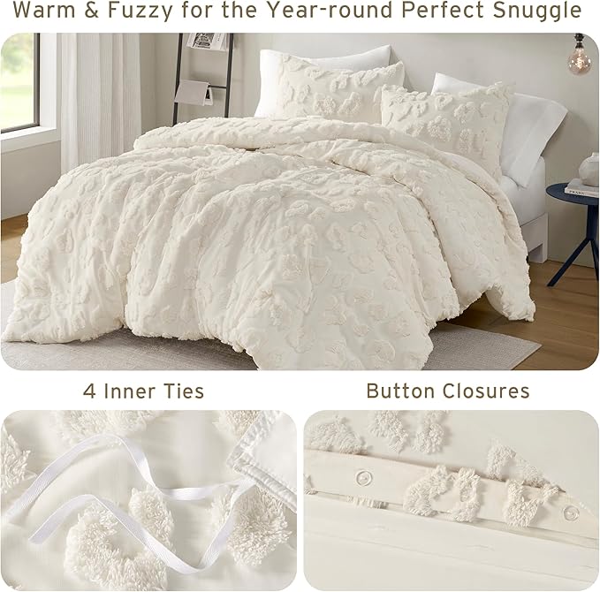 Intelligent Design King Duvet Cover Set Chenille Tufted Animal Print Pattern Duvet Cover King Size, All Season Fuzzy Bedding Cover, Soft Microfiber Reverse, Larissa, King/Cal King Off-White 3 Piece